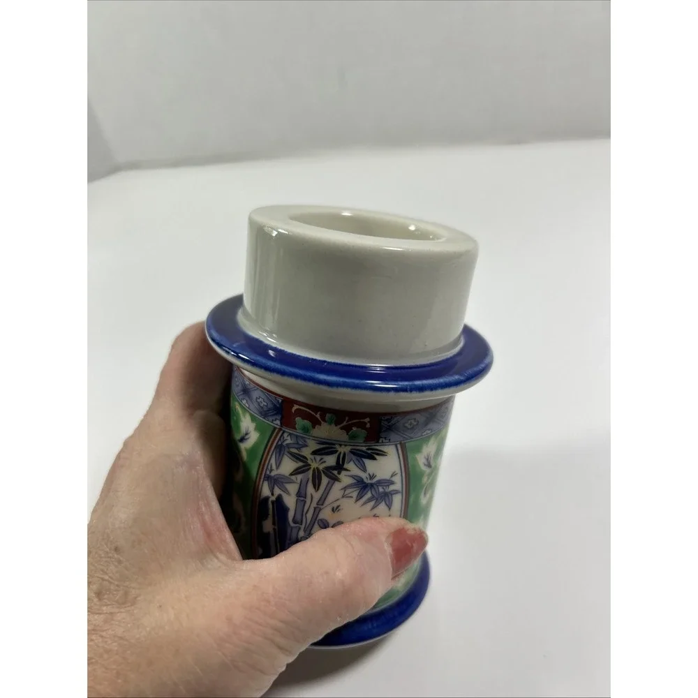 Vintage Colonial Candle Made In Japan Ceramic Candle‎ Holder, Blue, Green, White